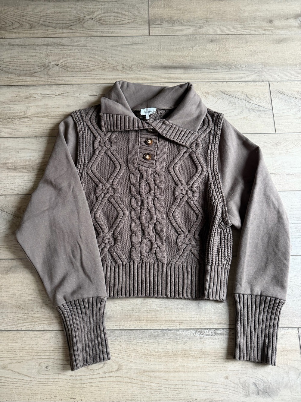 bobeau Taupe Cable-Knit Polo Sweater